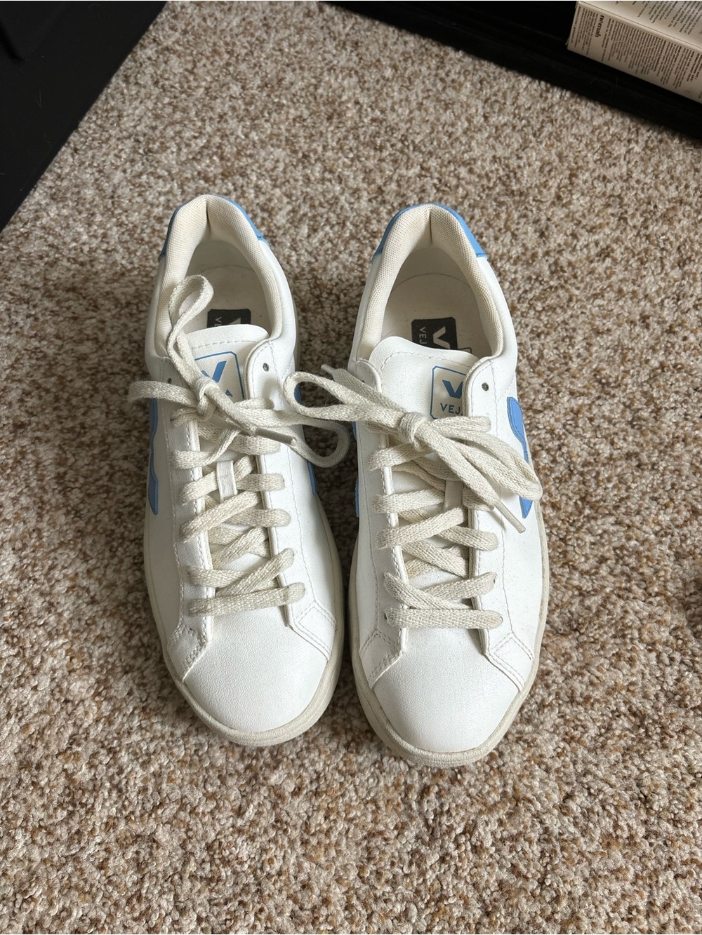 Veja Women's White Sneakers with Light Blue V Detail
